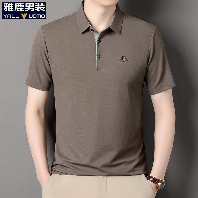 雅鹿长袖t恤男秋季新款翻领印花宽松男士polo中老年爸爸装上衣 卡其-短袖 3XL (185)(建议165-180斤)