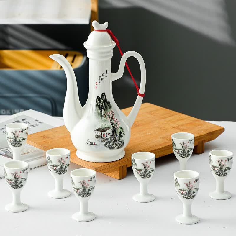 溥畔陶瓷酒具套装双唇酒壶高脚杯仿古中式分酒器酒具礼品小酒壶一口杯 李白斗酒双唇酒壶(高脚杯 9件