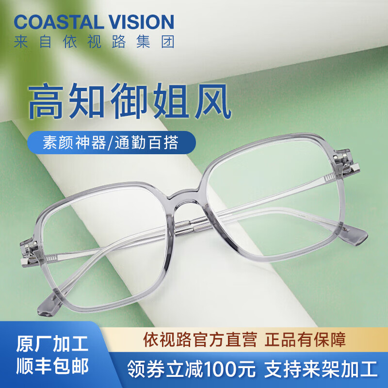 依视路（ESSILOR） 钻晶系列高清耐磨防蓝光近视超薄镜片专业配度数眼镜架男女镜框 TR90-全框-1023GY-灰色 镜框+依视路膜御防蓝光1.56现片