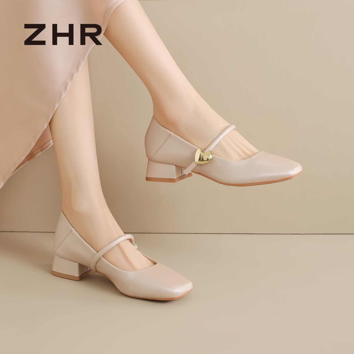 ZHR则则玛丽珍女鞋2026新款粗跟浅口单鞋配裙子法式气质小皮鞋IE96香槟37