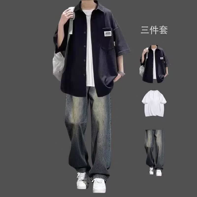 狄保特华夫格衬衫男夏季套装休闲青少年外套cityboy衬衣男装一套搭配潮 【3件套】黑色+白短T+K20牛仔裤-S-33