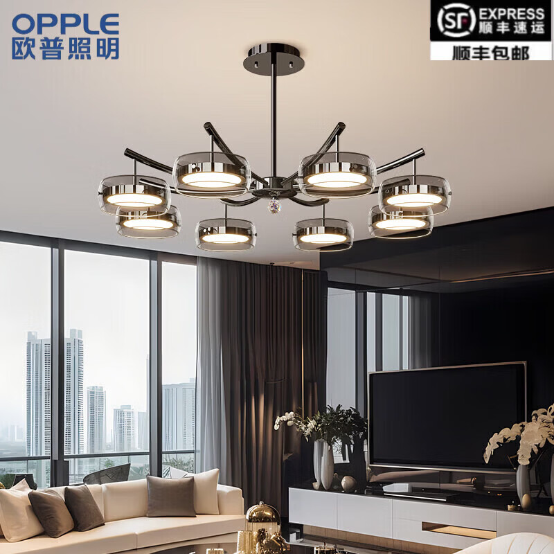 欧普照明（OPPLE）意式极简客厅吊灯2026新款设计师灯具全屋套餐 8头-砂黑+烟灰罩-小爱同学实用