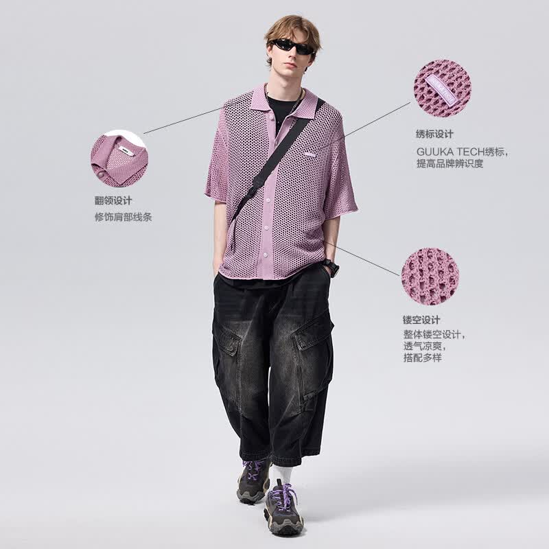 古由卡(GUUKA)TECH网眼镂空针织衬衫男夏季新款美式复古半袖休闲宽松短袖衬衣男 暗紫 M5578 M