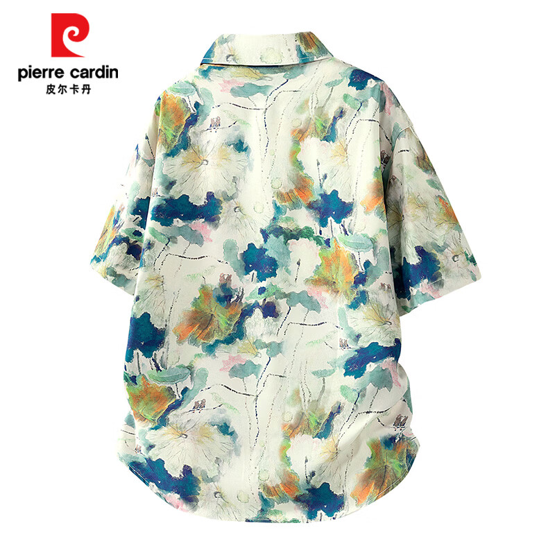 皮尔卡丹（pierre cardin）衬衫男夏威夷短袖T恤男夏装海边沙滩印花宽松休闲度假风短袖衬衣 丹青 XL