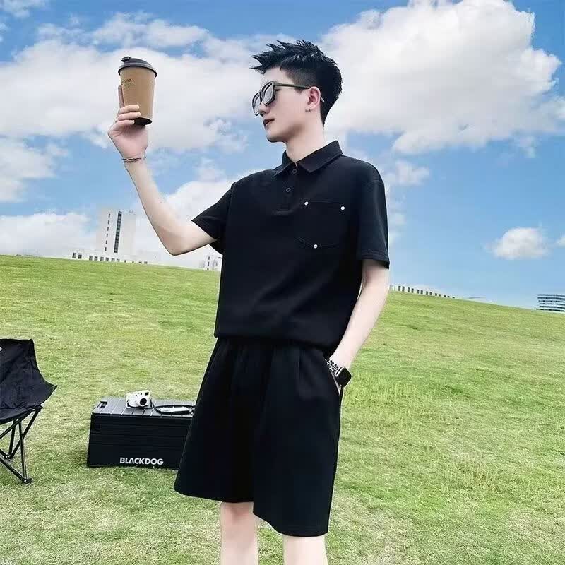 JPUZ男士时尚短袖POLO衫套装休闲商务休闲短裤夏季男装搭配一套痞帅气 T015黑色 M 建议90-105斤