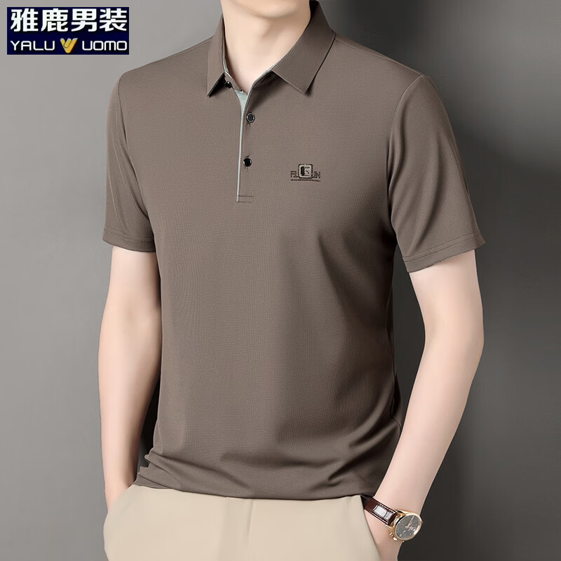 雅鹿长袖t恤男秋季新款翻领印花宽松男士polo中老年爸爸装上衣 卡其-短袖 3XL (185)(建议165-180斤) 京东折扣/优惠券
