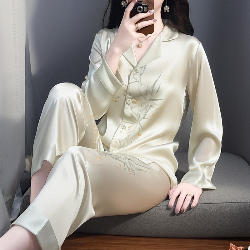 德莉娅2026新款新中式国风真丝睡衣女春秋长袖薄款可外穿桑蚕丝家居服 绿影竹林 【礼盒装】 XL 建议【120-140斤】