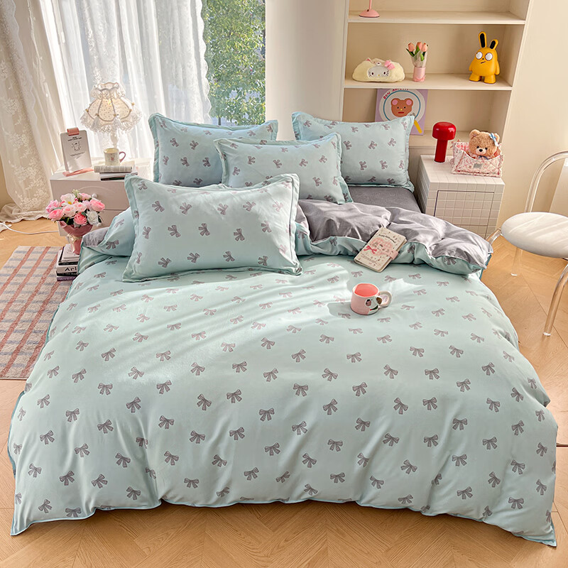 雅鹿春秋床上四件套新款床单被套被罩床品学生宿舍家用四件套 蝴蝶结 绿【清爽透气水洗棉】 1.2m宿舍 床单款 （被套150*200cm）三件套