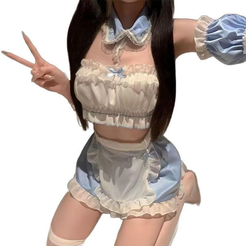 情趣内衣性感制服纯欲女仆装甜美睡衣免脱诱惑qq用品套装 蓝色套装+立体网袜 均码