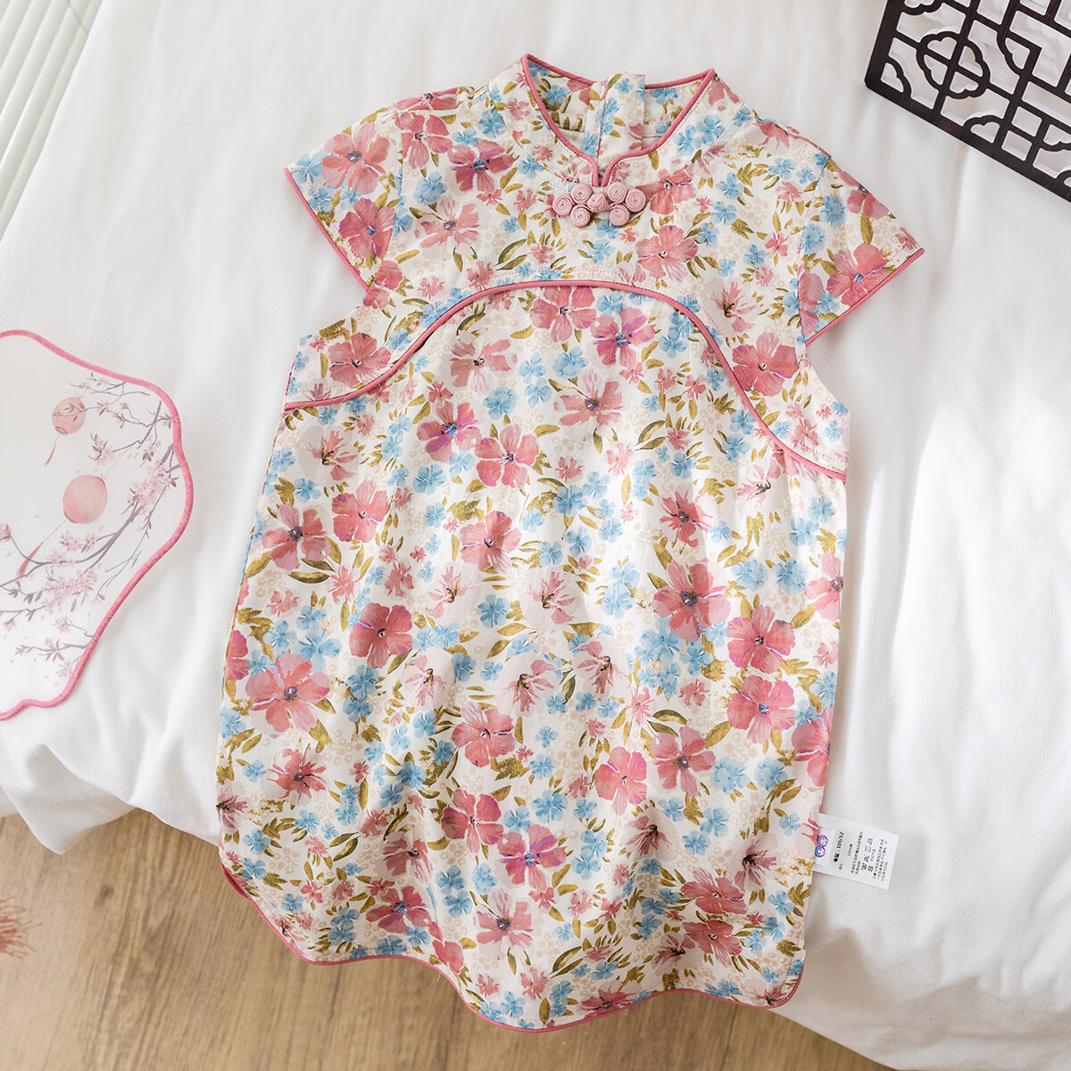 婴尚26夏女童连衣裙儿童中大童新中式旗袍国风汉服中国风唐装连衣裙 藕粉色 YQ242335 140