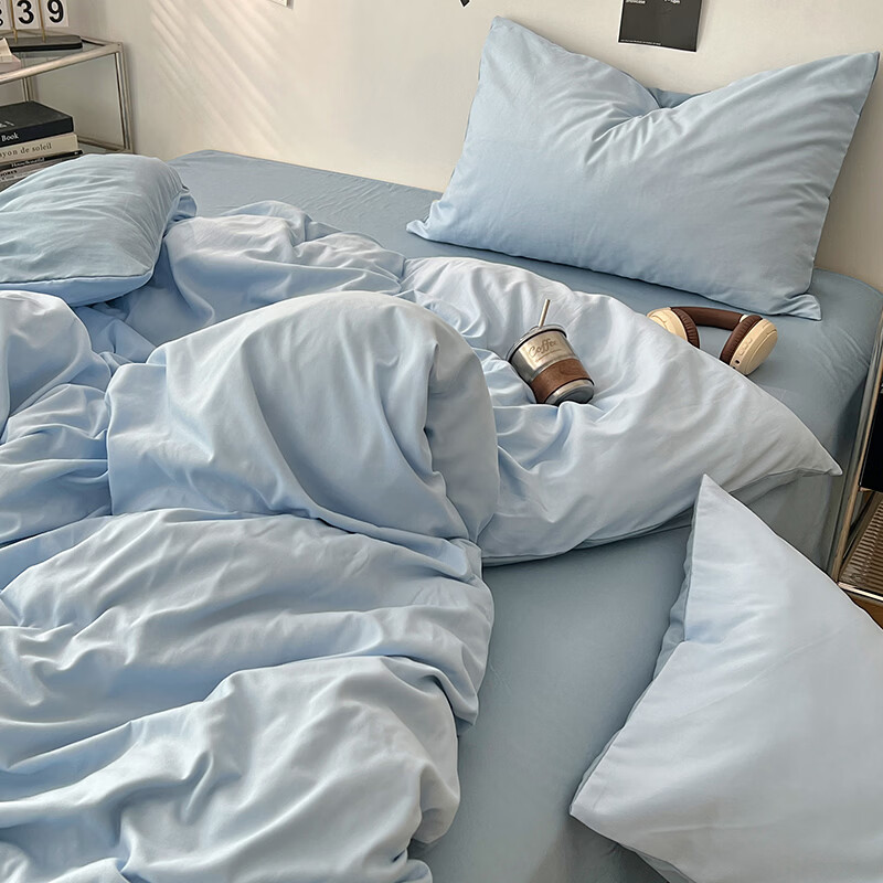 雅鹿ins简约水洗棉被套床单被罩学生宿舍三件套150x200双人纯色四件套 远天蓝【10A抗菌 可裸睡】 1.2床单三件套 床单款 （被套150*200cm）