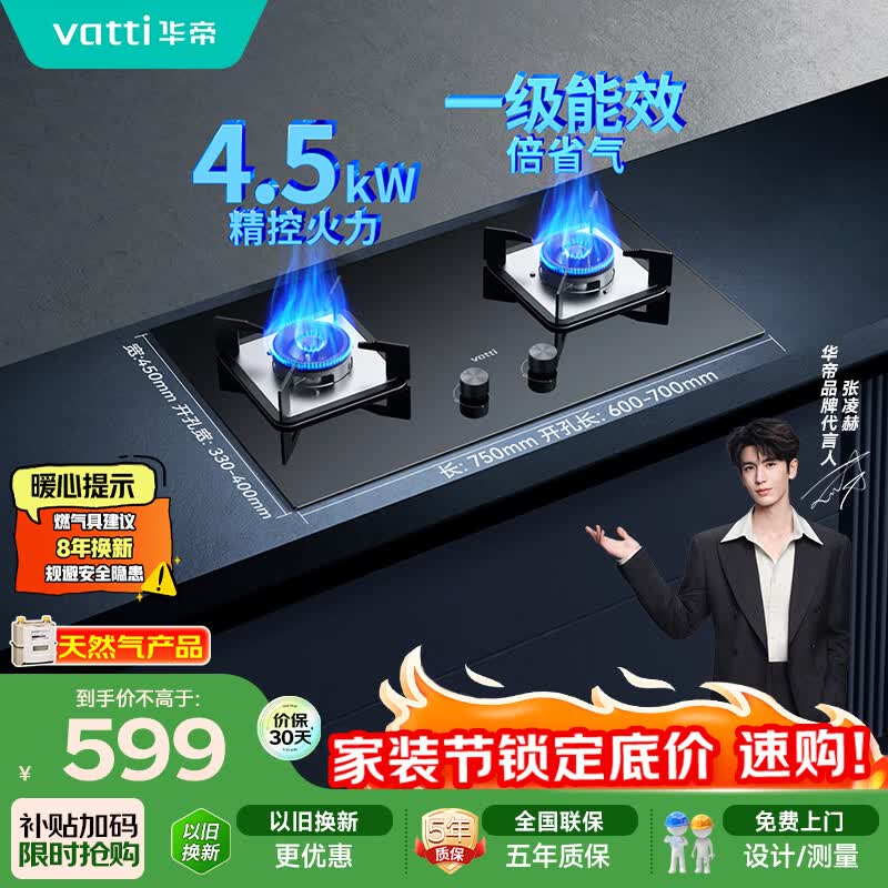 华帝燃气灶煤气灶天然气家用嵌入式台式免费上门安装4.5kW大火力猛火一级能效双灶台燃气灶具i10039B