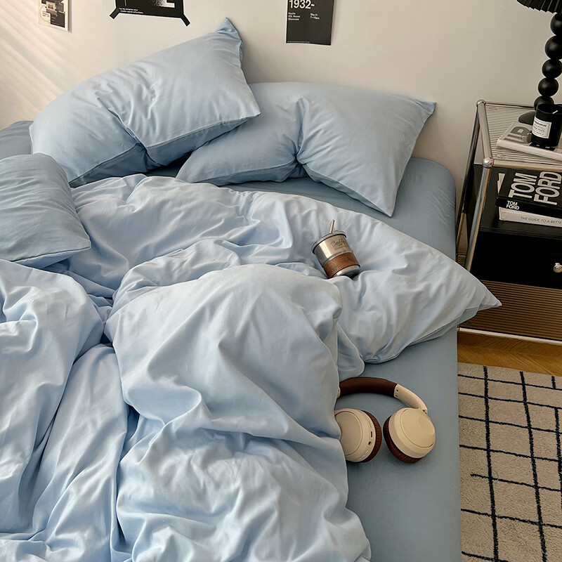 雅鹿ins简约水洗棉被套床单被罩学生宿舍三件套150x200双人纯色四件套 远天蓝【10A抗菌 可裸睡】 1.2床单三件套 床单款 （被套150*200cm）