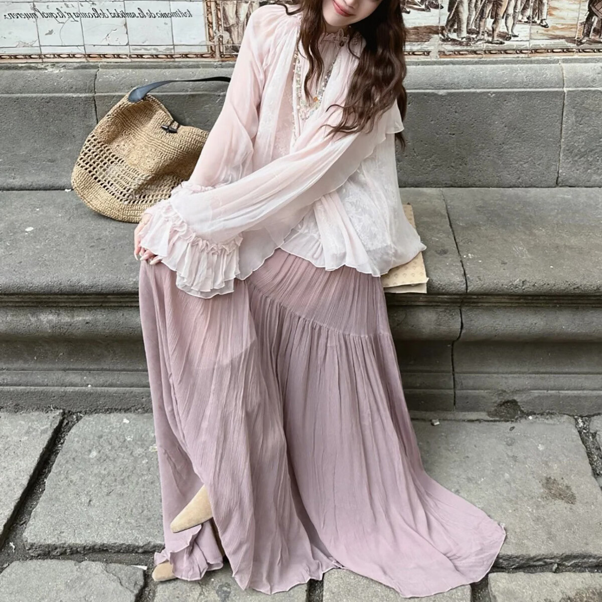 2026春 法式粉色蕾丝边女长袖人丝上衣 粉色上衣 L