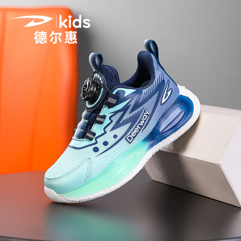 德尔惠儿童运动鞋男女中大童春夏新款网面透气防滑休闲旋转扣跑步鞋 D51003532雾霾蓝【四季双网】 30 内长19.0/脚18.0
