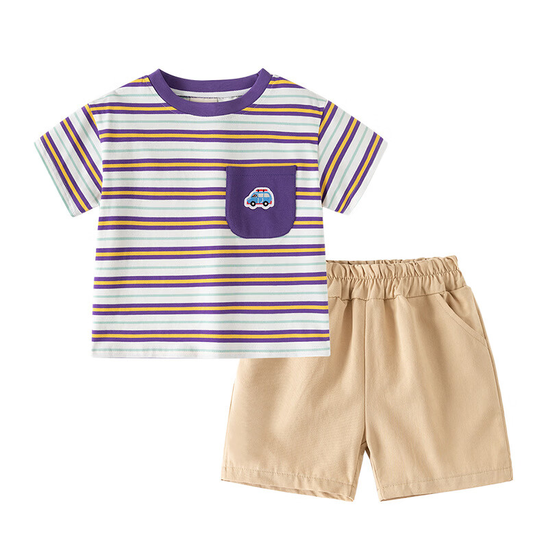 WELLKIDS男宝宝夏季透气纯棉衣服男童短袖短裤套装运动T恤上衣潮 紫口袋+卡其裤 90