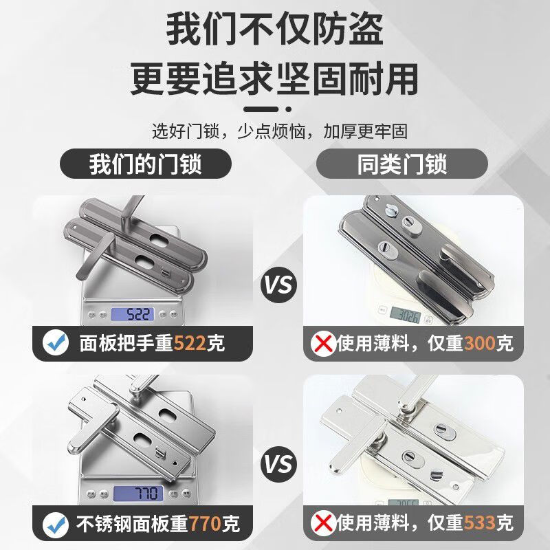 映浪多功能家用不锈钢防盗门把手锁外门防撬门加厚入户大门替换型拉手 门厚5cm单活不分左右 不带钥匙