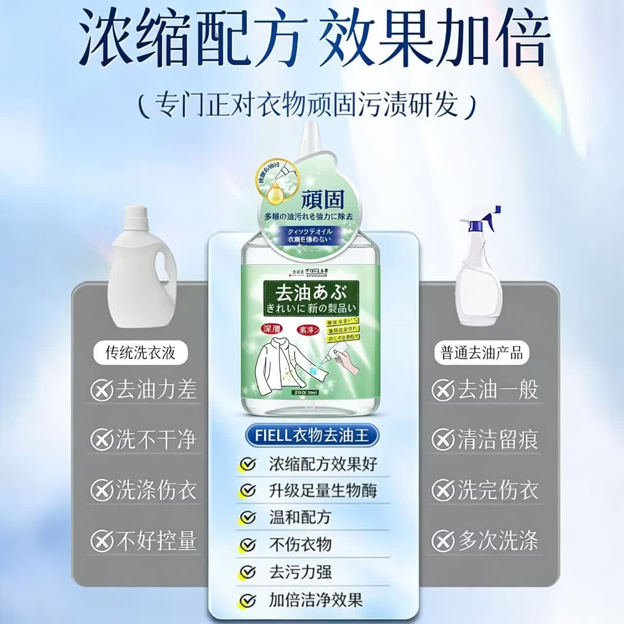 FIELL【日本】去油王衣服强力油渍清洁去黄污渍神器清洗剂顽固油迹清 260ml 5瓶 【囤货钜惠装】强力渗透 快速洁净 温和配方 衣服去油渍污渍去油王衣物去污剂渗透剂清洁剂强力油渍
