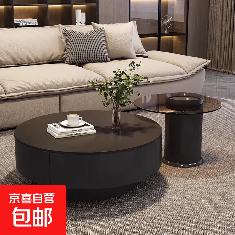 意式轻奢岩板茶几极简储物客厅小户型茶室高级感圆形家用茶桌组合 【哑黑岩板】黑柜+灰玻边几 80x80x33cm