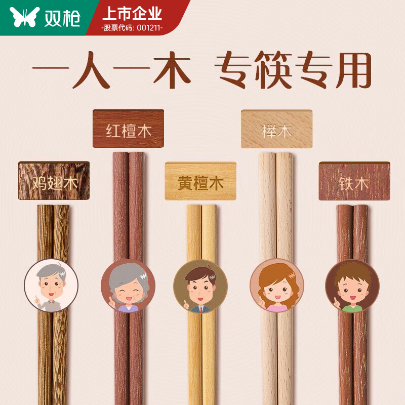 双枪铁木筷子家用实木防滑分类筷分食筷套装 五色原木10双装
