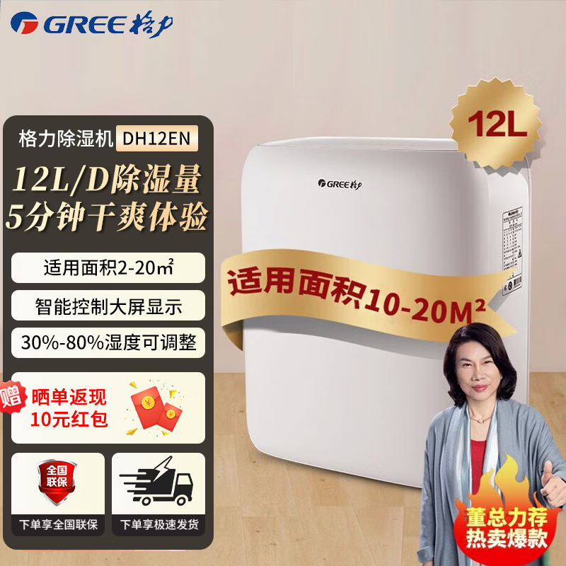 格力（GREE）除湿机家用客厅卧室智能除湿器轻音全屋祛味除潮湿气抽湿机室内吸湿机湿器地下室干燥机回南天除湿 12L/天 2-20㎡ DH12EN