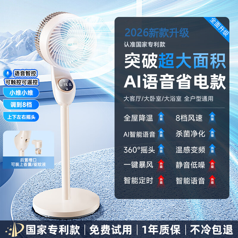 奥克斯(AUX)【直流变频丨全屋冷风环绕】电风扇家用落地扇静音卧室超静音一级能效制冷空气循环扇智能空调扇 【AI语音款】AI飓风追踪丨智能驱蚊丨8D涡轮冷风