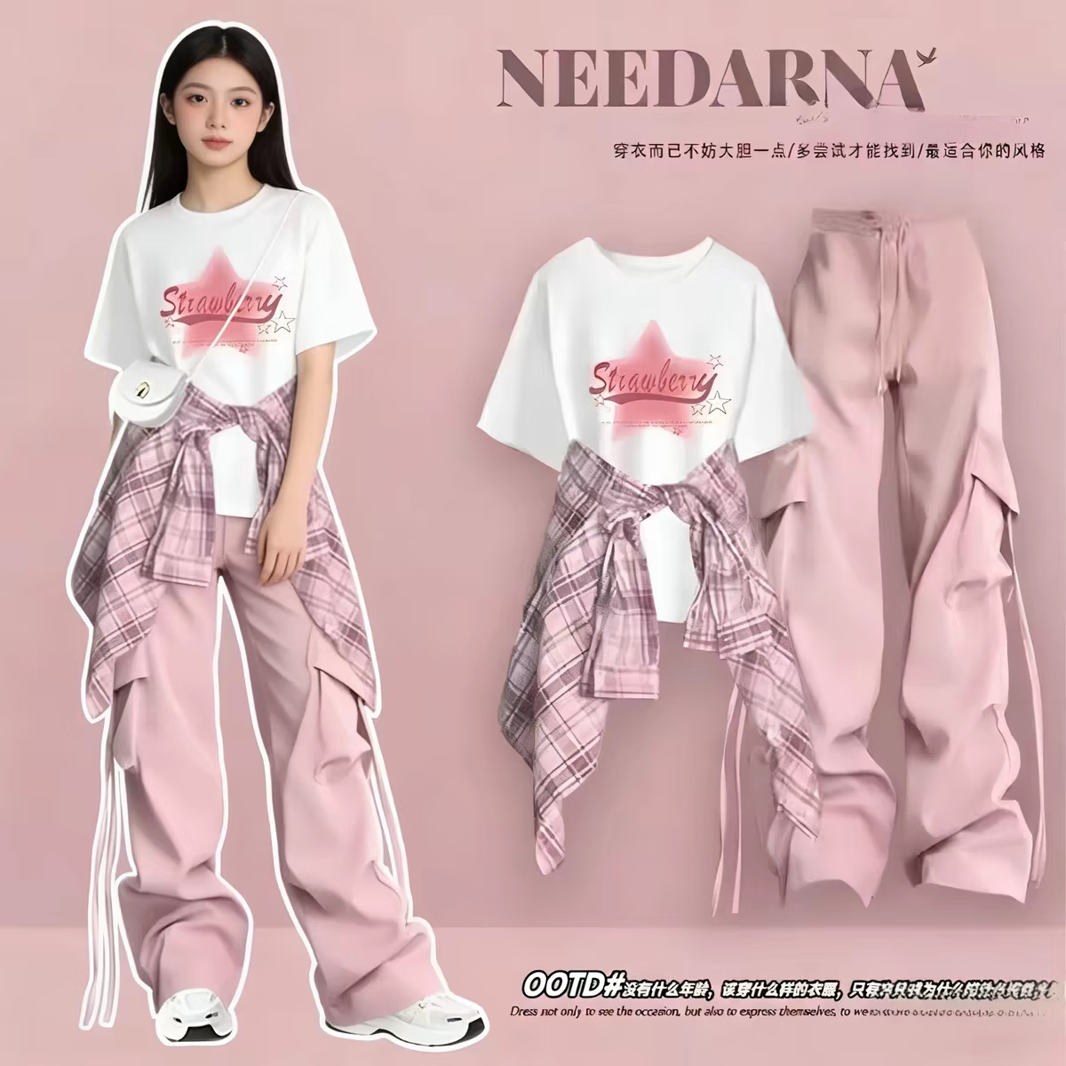 欧颖慕女童夏季短袖套装女大童衣服夏季女孩运动套装短袖衬衫工装裤洋气 303白色短袖+粉色工装裤【两件套】 155 （S）码【建议75-90斤】