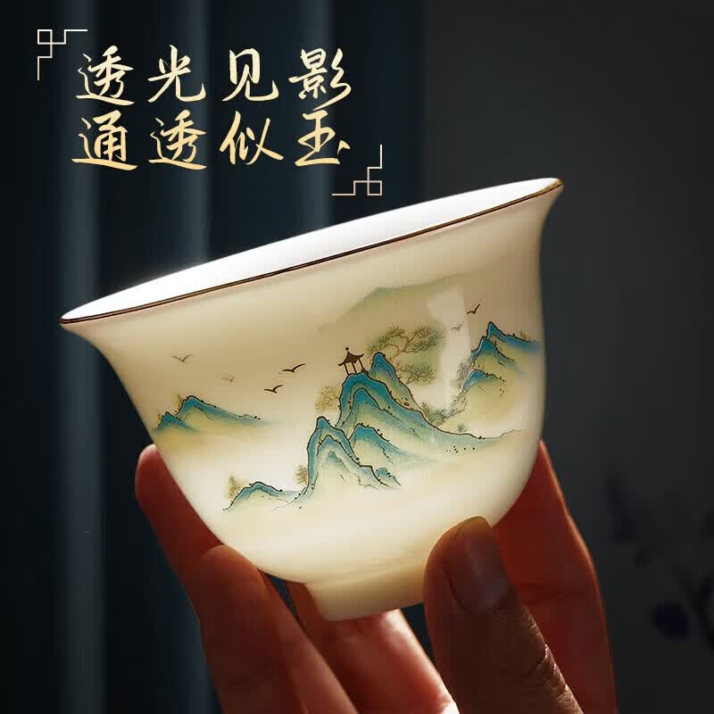 八千行功夫茶具整套盖碗套装羊脂玉陶瓷家用泡茶杯送爸爸生日礼物品乔迁 千里江山【描金礼盒装】15头大套组