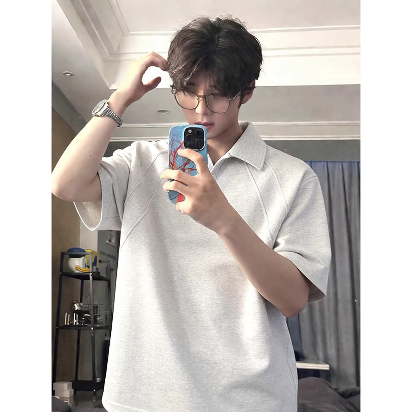 POUM白花灰美式翻领短袖Polo衫男款夏季boxy版型t恤感内搭半截袖 CLF-T212白灰色 XL POUM白花灰美式翻领短袖Polo衫男款夏季boxy版型t恤感内搭半截袖 CLF-T212白灰色 XL