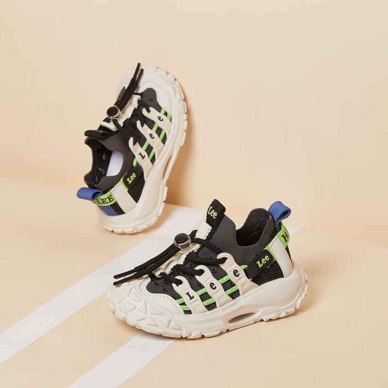 Lee儿童运动鞋透气网面软底防滑户外跑步鞋男女童鞋 黑灰 36 【建议脚长223-228mm】
