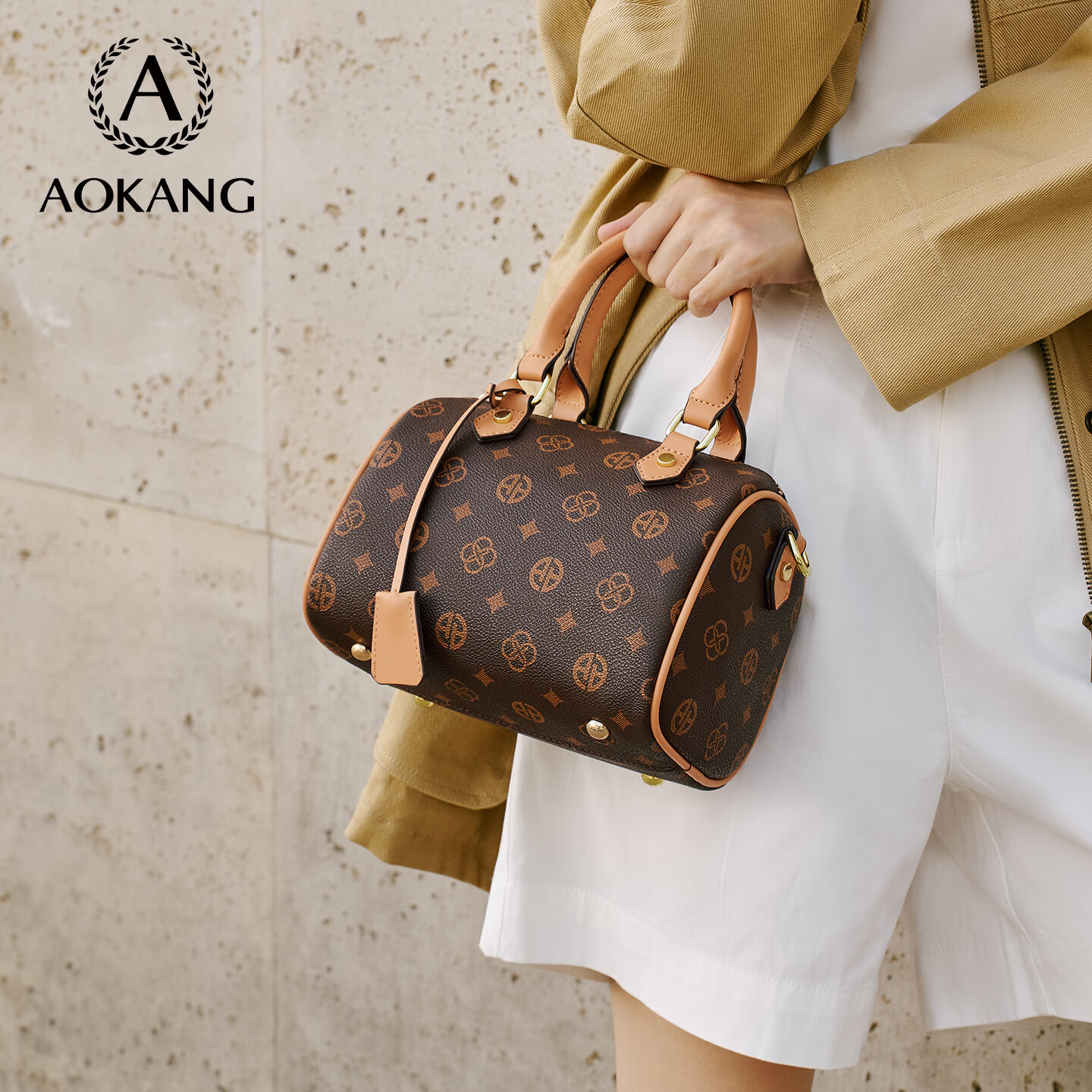 奥康（Aokang）包包女包手提包新款复古托特包印花斜挎单肩包生日礼物高级感实用 BG703004-咖色
