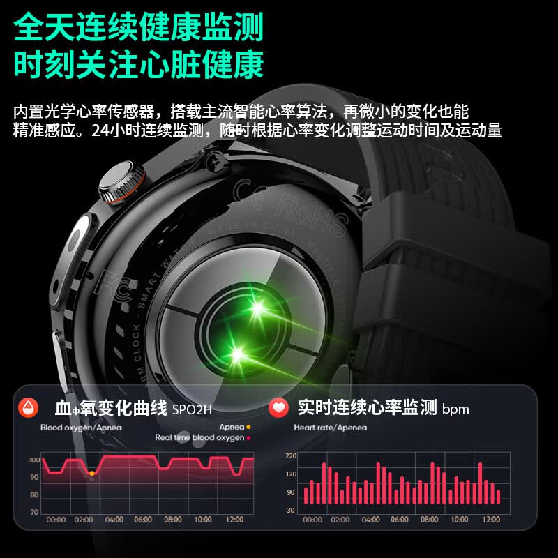 华势健康智能手表心率心电图HRV睡眠自动监测运动计步心脏蓝牙接打电话手表 【灵燿7】星耀黑表+黑硅带+黑真皮带