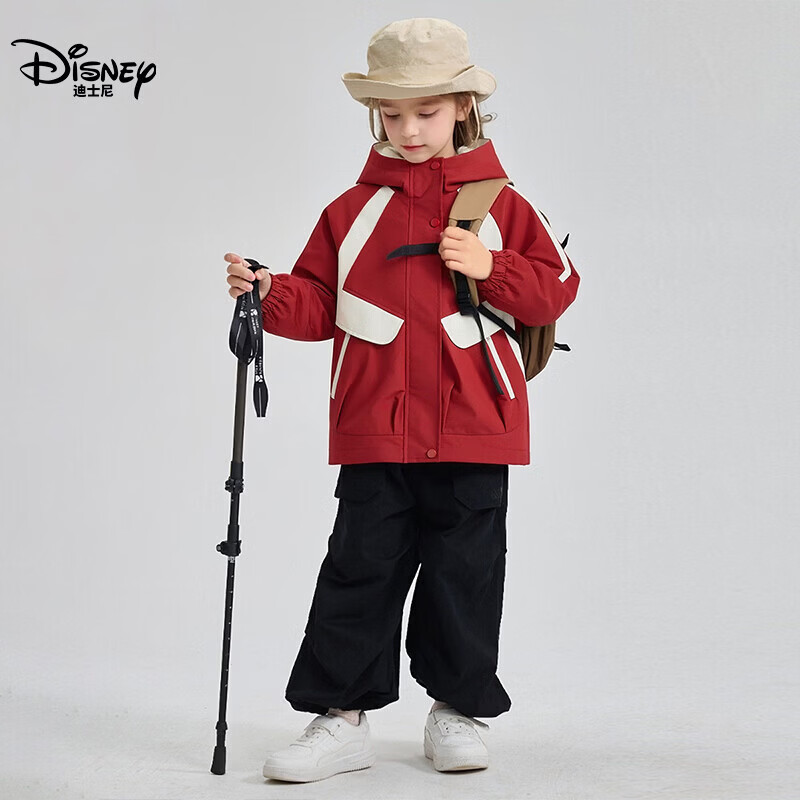 迪士尼(Disney)童装儿童外套上衣2026春季新款男女童防水风衣宝宝户外撞色软壳衣 红色 160