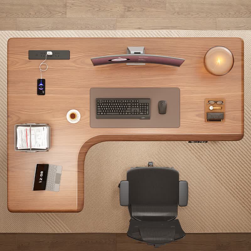 中掌柜实木电动升降桌升降转角电脑桌书桌家用学习桌办公桌工作台电竞桌 [双电机]整板2.5CM覆膜胡桃色+左拐角 140x110x0cm