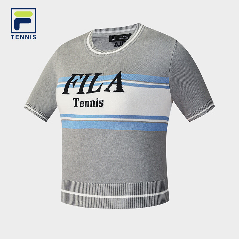 FILA 斐乐官方女子编织衫2026夏季新款基础拼色网球运动短袖上衣 山影灰-GY L 170/88A/L