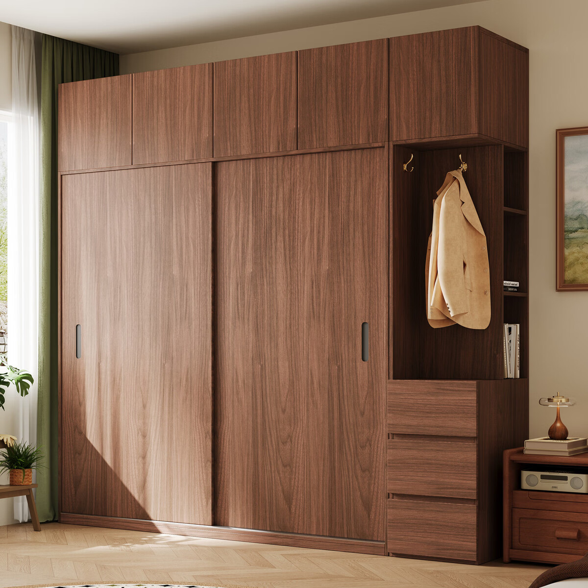 溥畔2026新款爆款欧松板推拉门衣柜卧室收纳柜子小户型移滑门衣橱 2.0米二门衣柜+顶柜+边柜[2.58米高]（三抽