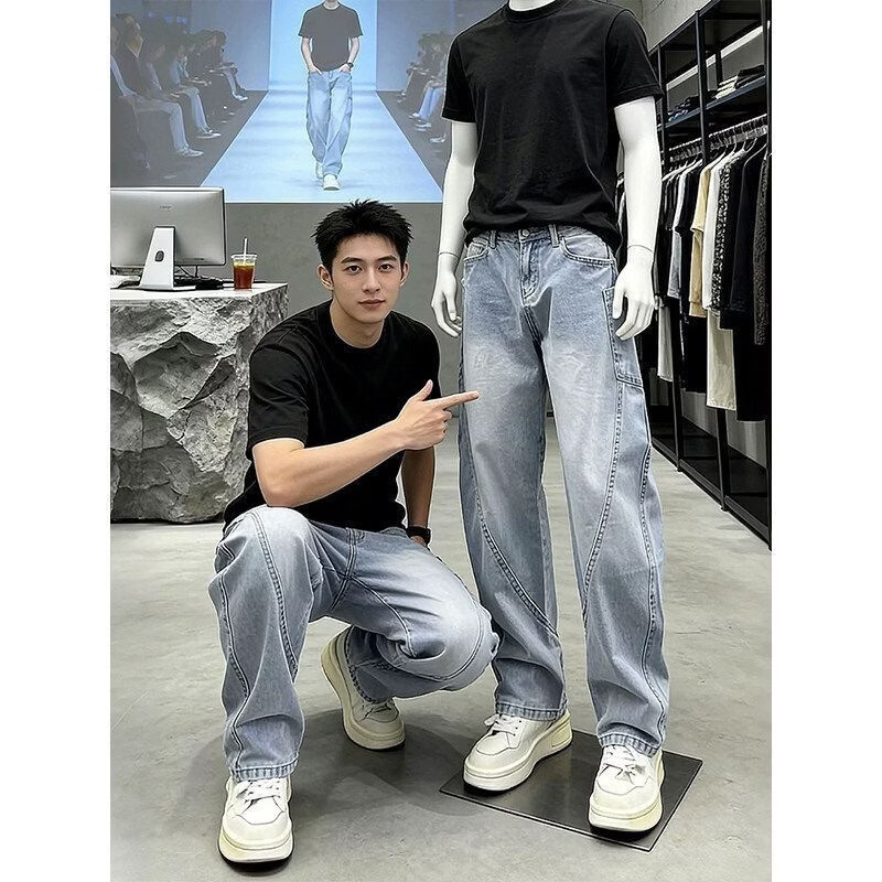 浅蓝色美式弯刀牛仔裤男春季斜切工装裤子直筒宽松高腰阔腿裤 水洗蓝-高品质 2XL 145-160斤