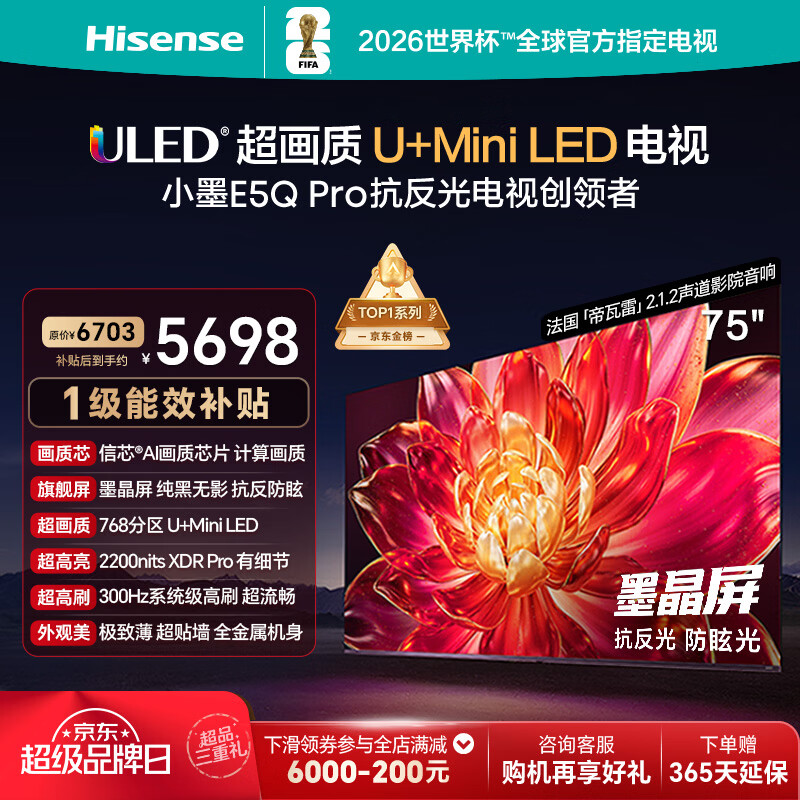 海信电视小墨E5Q Pro 75英寸【送装一体-伸缩挂架】768分区U+MiniLED 信芯芯片抗反光防眩光世界杯