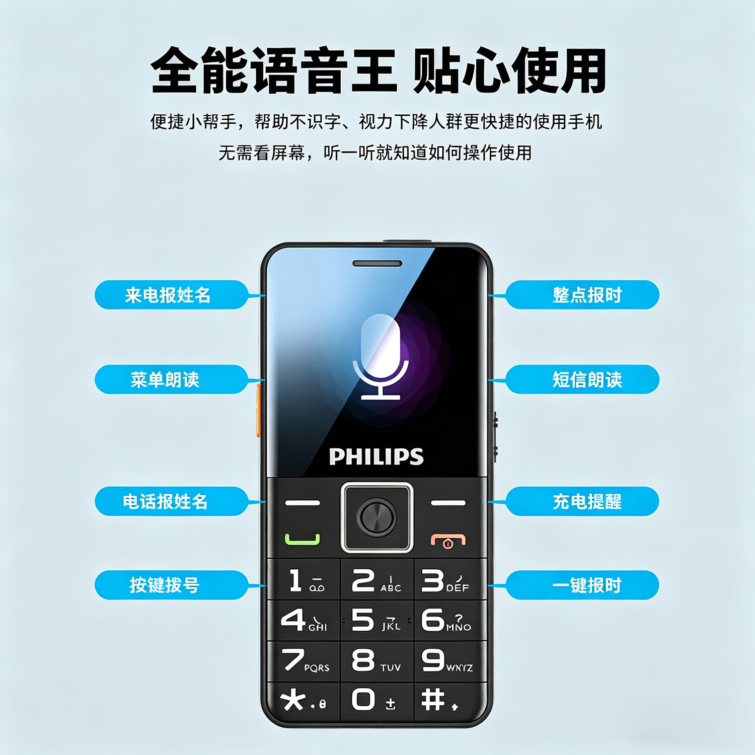 飞利浦(PHILIPS)P16 老年人手机 智能AI语音老人专用机 超长待机大屏大声大字 4G全网通可拍摄学生功能机横屏 黑色