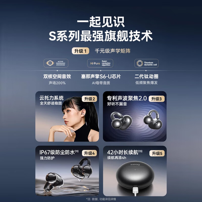 SANAGS6SUltra AI蓝牙耳机耳夹式骨传导无线开放式不入耳运动跑步通话降噪2026新款 珍珠白 SpaceX空间音效丨沉浸式音乐体验