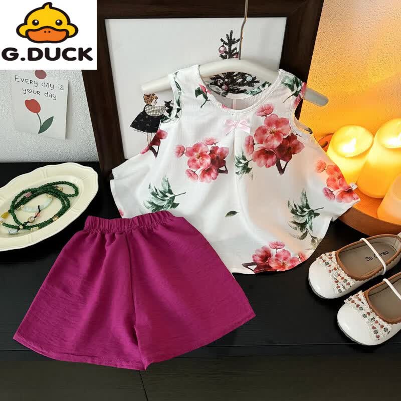 G.duck女童国风夏装吊带儿童汉服套装2026新款服饰女宝宝夏款外穿两件套 国风套装-白色白裤子 110