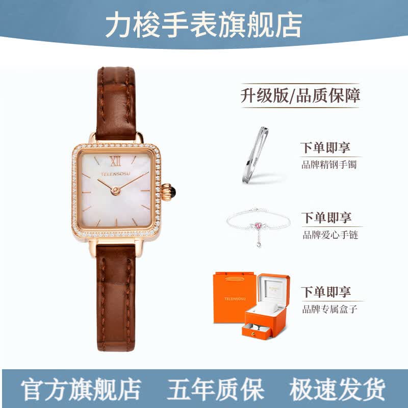 TELENSOSU 力梭品牌女士手表轻奢小众高级感小方表防水新款石英腕表生日礼物 【复古小棕表】贝母白-小方表 礼物高档