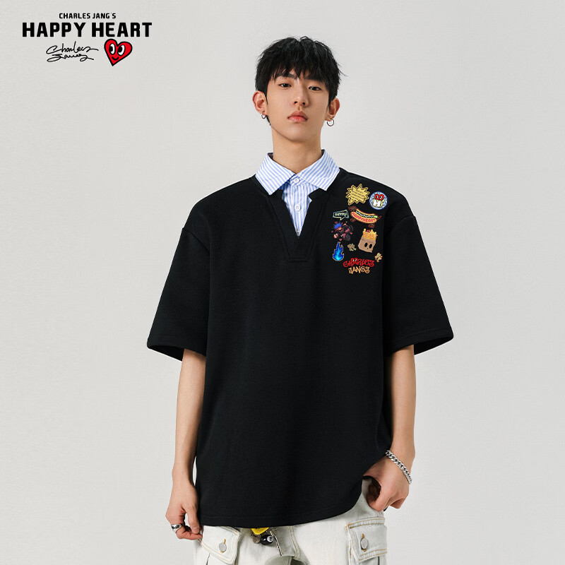 查尔斯桃心 卡通涂鸦短袖假两件T恤男女同款夏季新款潮牌衬衫领上衣 灰色 L