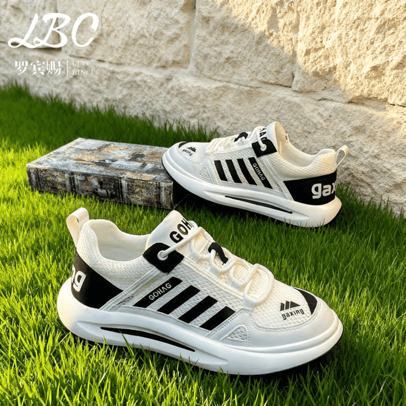 罗宾赐品牌轻奢2026新款网面透气休闲鞋男潮流百搭厚底增高运动阿甘鞋男 白黑【冰丝网面】-高端男鞋 40