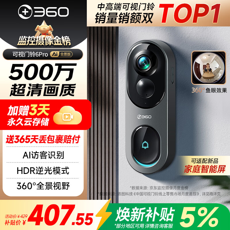 360可视门铃6Pro 500万超清画质家用监控智能门铃电子猫眼摄像头无线wifi手机远程查看对讲