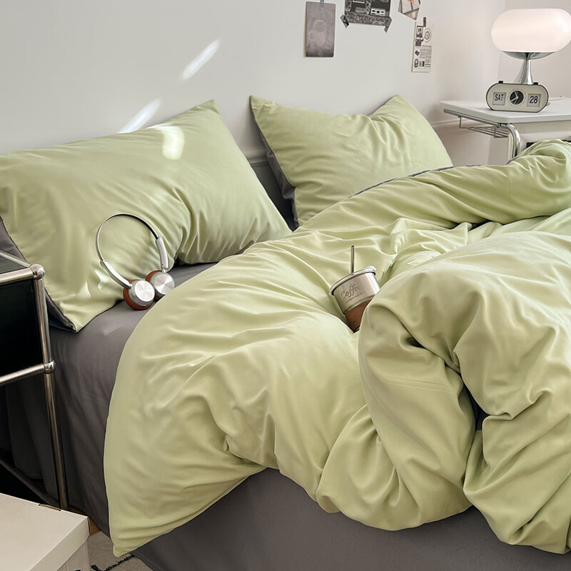 雅鹿ins简约水洗棉被套床单被罩学生宿舍三件套150x200双人纯色四件套 绿浅灰【10A抗菌 可裸睡】 2.0床单四件套 床单款 (被套200*230cm)