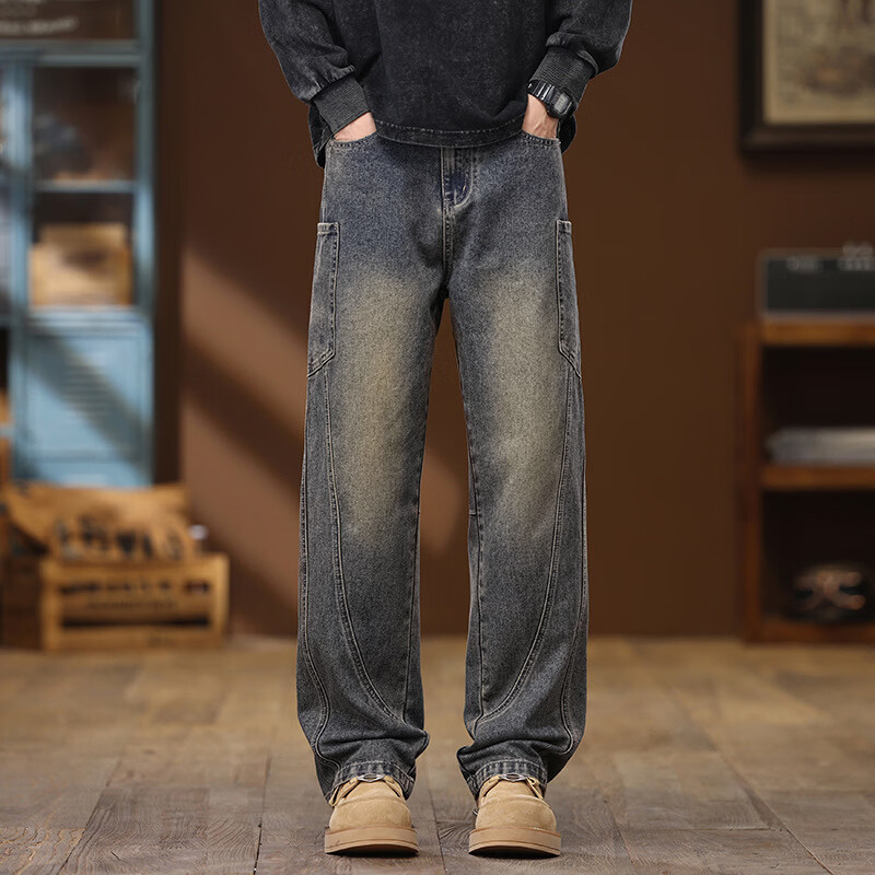 春季口袋设计长裤男士美式休闲宽松直筒显瘦弯刀牛仔长裤CLQ 复古蓝 3XL (建议160-175斤)