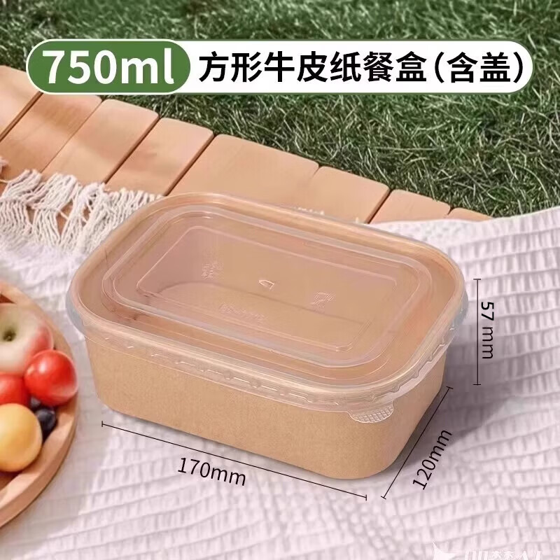 一次性餐盒牛皮纸野餐饭盒水果食品包装上班族露营春游便当打包盒 750ml牛皮纸方盒 15套【碗+盖】【加赠5套】