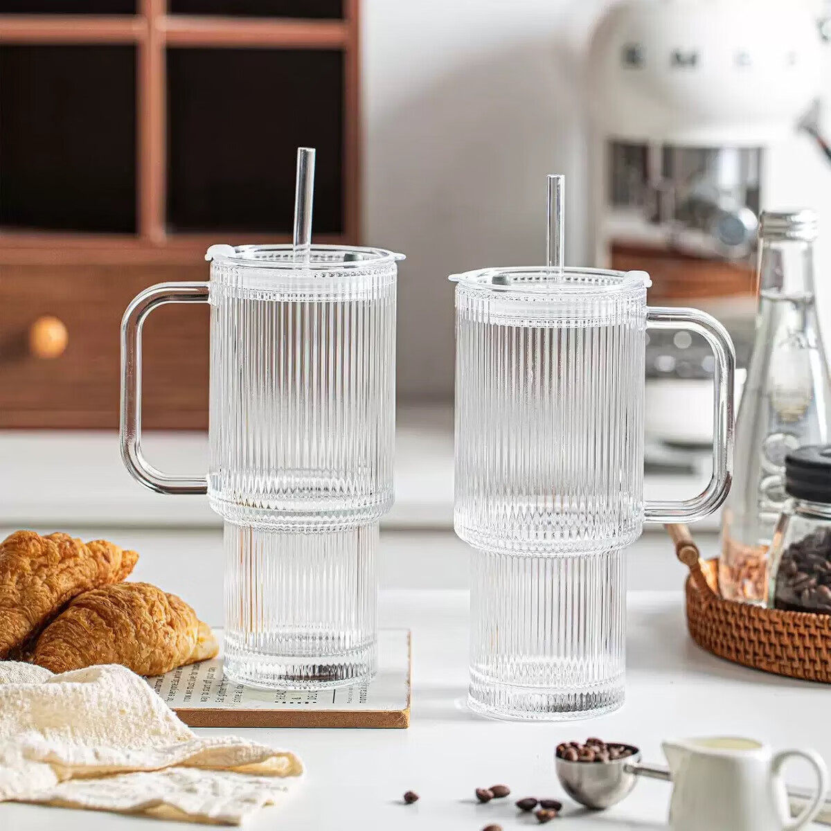 亚创优品+大容量玻璃吸管杯带把手冰美式拿铁咖啡杯果茶杯办公室带盖水杯子 宝石纹单杯