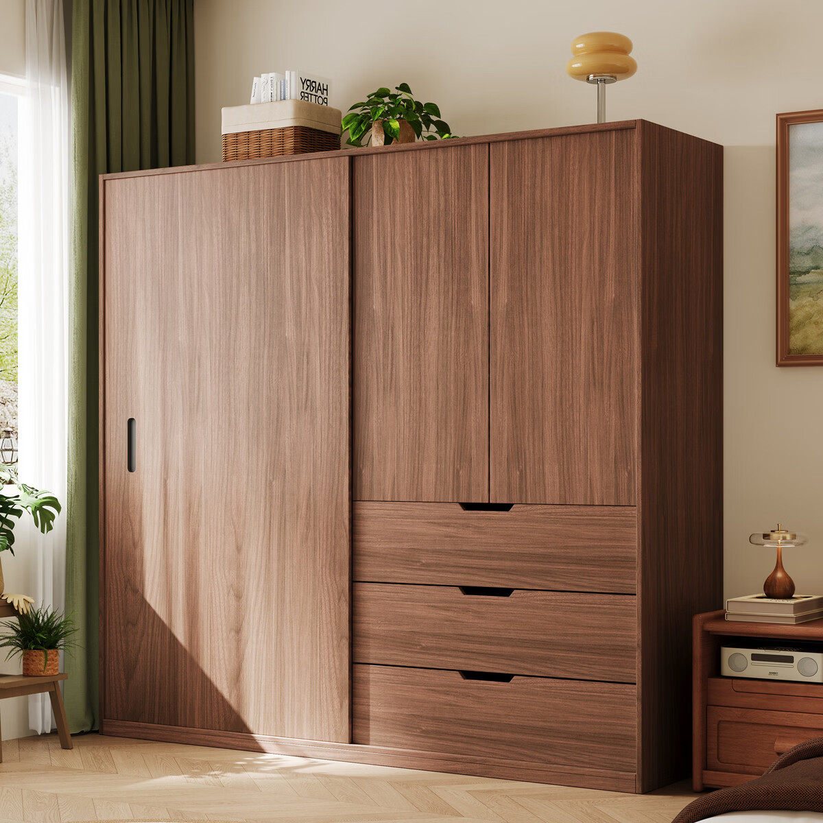 溥畔2026新款爆款欧松板推拉门衣柜卧室收纳柜子小户型移滑门衣橱 2.0米二门衣柜+顶柜+边柜[2.58米高]（三抽